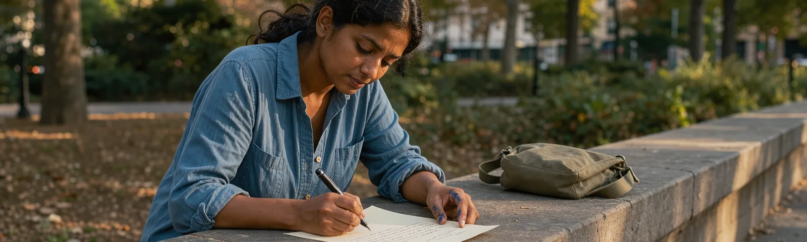 A hand holds a pen over an unfinished personal letter beside a closed canvas bag in a park.